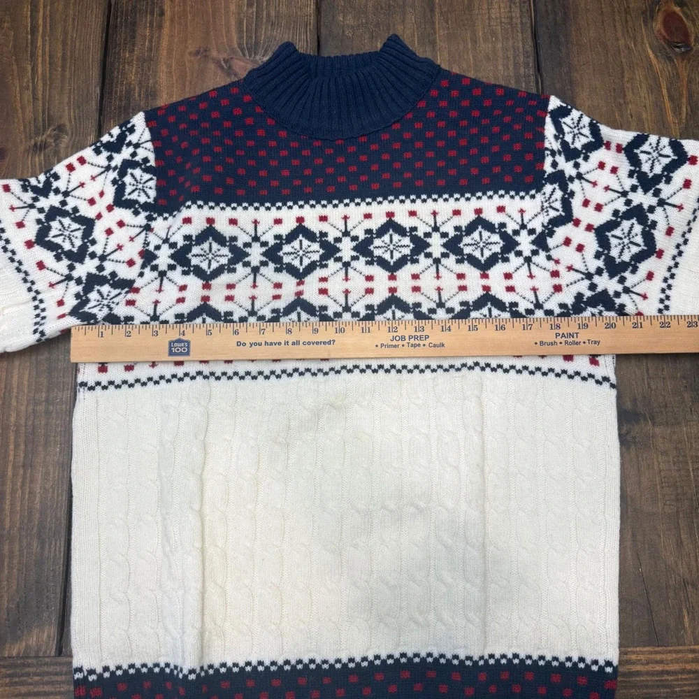 Lord Jeff Vintage Mens Fair Isle Snowflake Cable Knit Sweater Navy Cream Red VTG